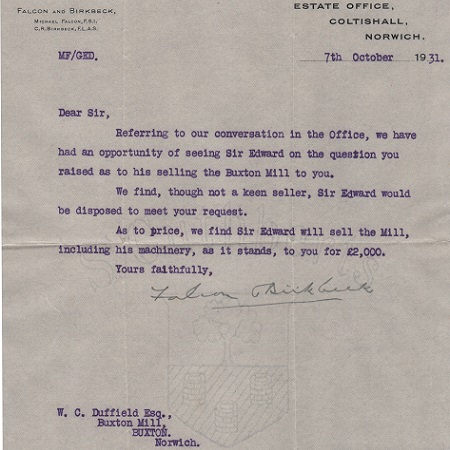 Sale letter for Buxton Mill 1931